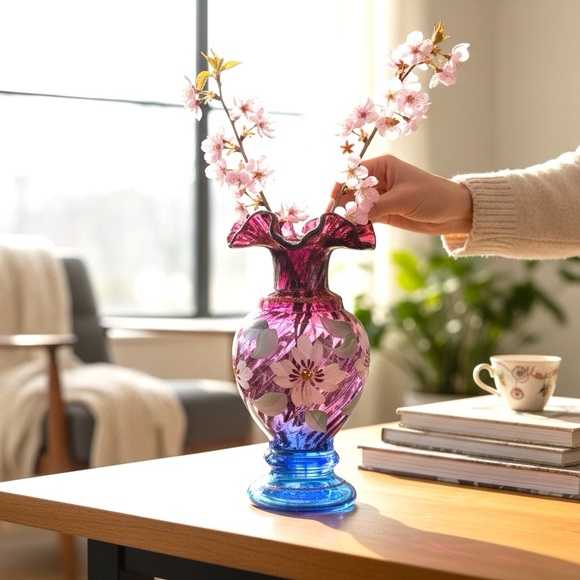 Fenton Hand Painted Art Glass Vase-Cranberry and Cobalt Ruffled 8”-Signed - Picture 5 of 10